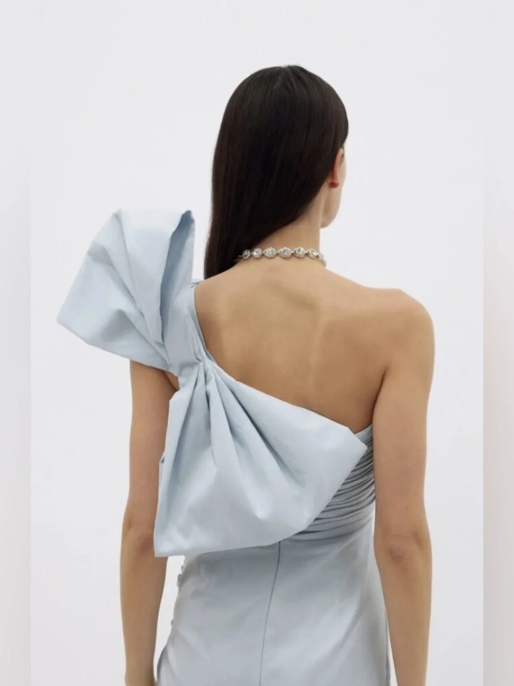 Rachel Gilbert Light Blue One-Shoulder Ruched Gown with Bow - Picture 3 of 13